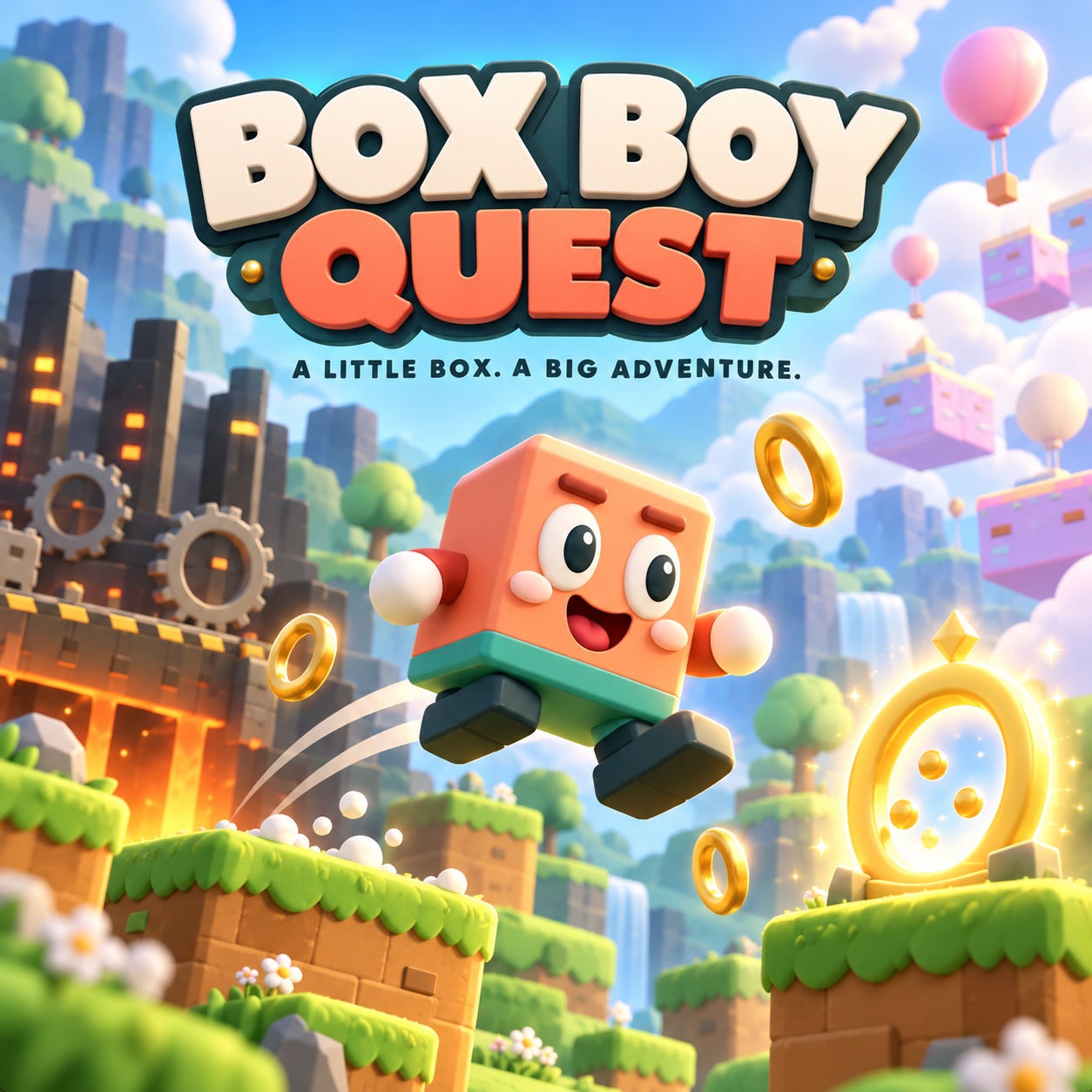 Box Boy Quest cover art: a smiling orange box leaping between grassy platforms, golden rings, and a glowing portal