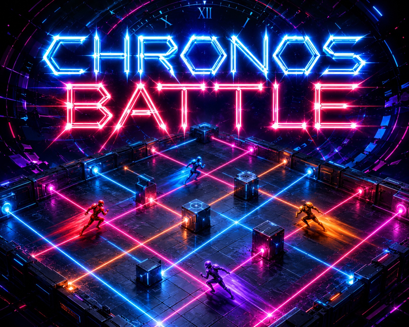 Chronos Battle cover art: neon blue and pink lettering over a tile arena crossed by laser beams